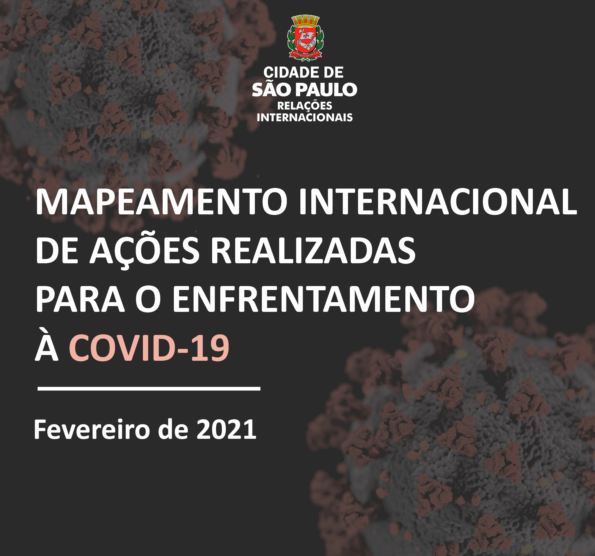 Arte com o texto Mapeamento Internacional de Ações Realizadas para o Enfrentamento à Covid-19, com data Fevereiro de 2021